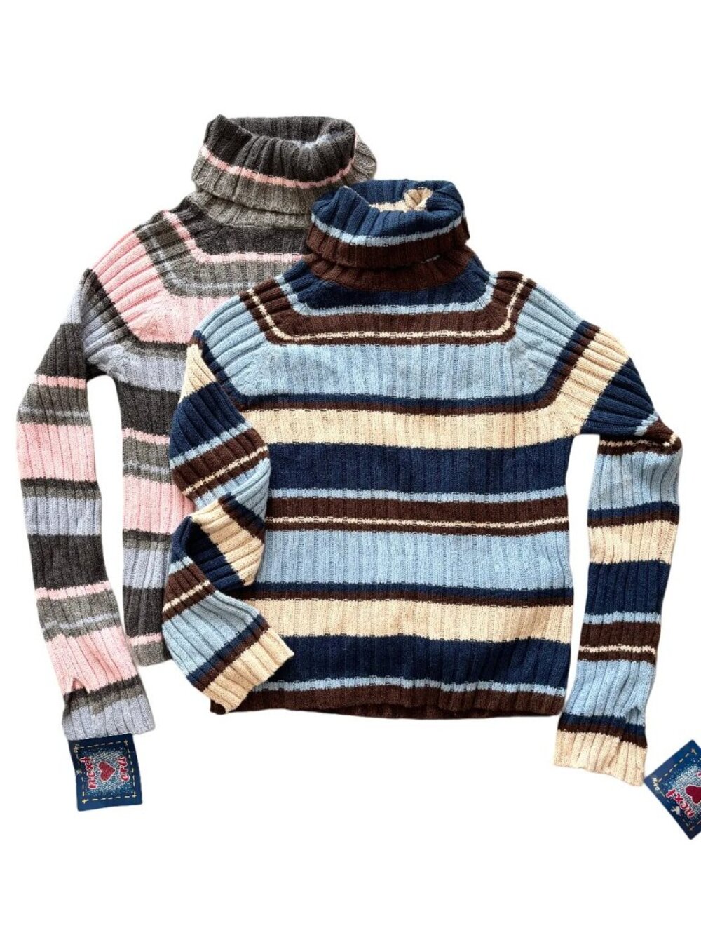 NWT VTG NEXT ERA (2) Striped Ribbed Turtleneck Sweaters Y2K Blue Pink SZ M